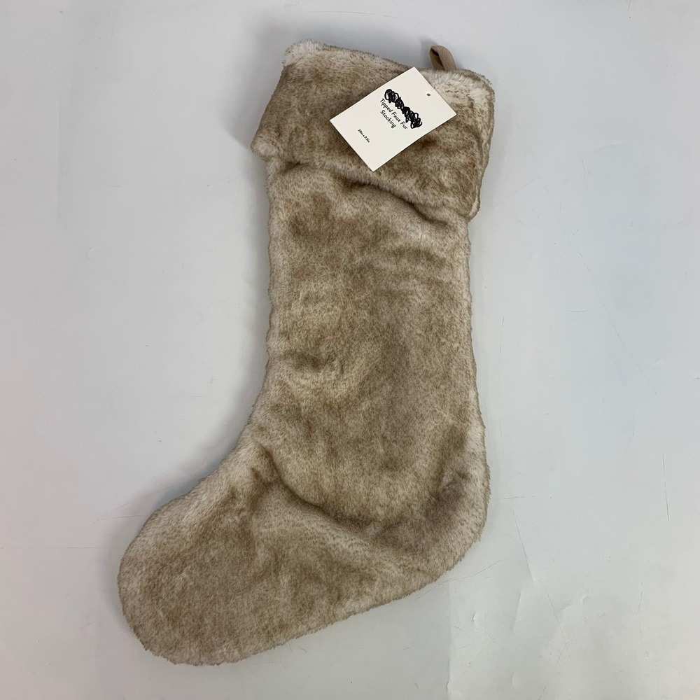 Tipped Faux Fur Christmas Stocking Beige Holiday Decor 20 in NWT